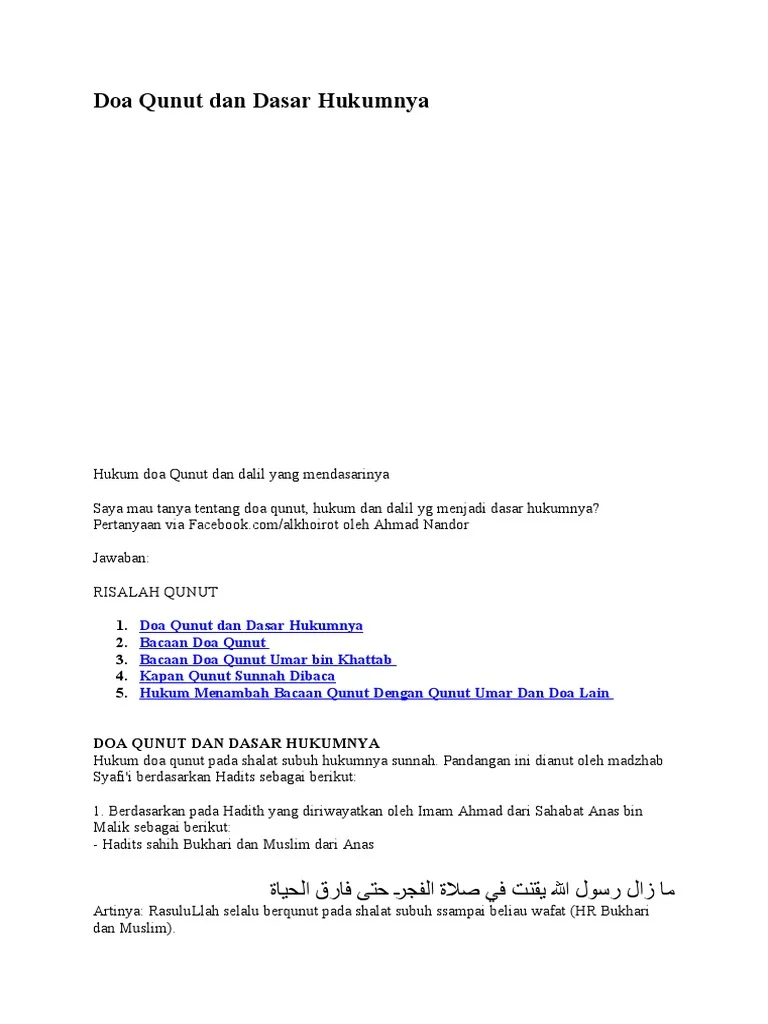 Pengertian dan Dasar Hukum Doa Qunut Sebelum Salam